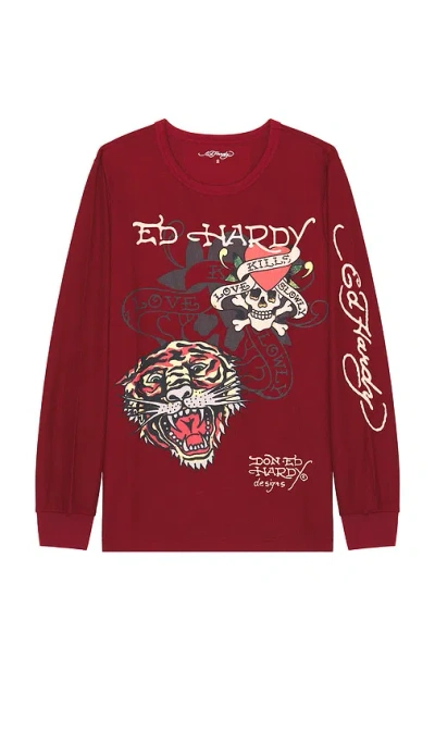 Ed Hardy Tiger Skull Long Sleeve Thermal Tee In 酒