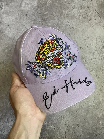 Pre-owned Ed Hardy Vintage  Beaded Skull Tiger Cap Hat In Purple
