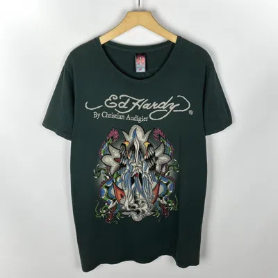 Pre-owned Ed Hardy Vintage  Y2k Big Logo Tee 90's In Green