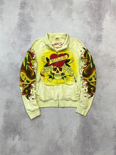 Pre-owned Ed Hardy Vintage  Zip Sweatshirt Japanese Style Y2k Hype In Yellow