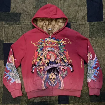 Pre-owned Ed Hardy Vintage Y2k  Fur Embroidered Zip Up Hoodie Red L