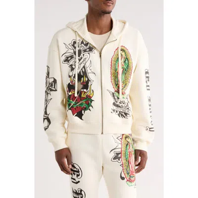 Ed Hardy Virgin Mary Boxy Zip-up Hoodie In White