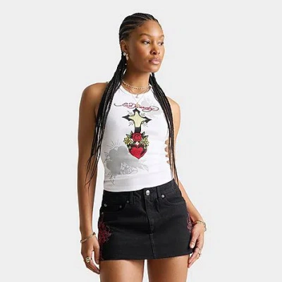 Ed Hardy Women's Cross Heart Rhinestone Tank Top In White