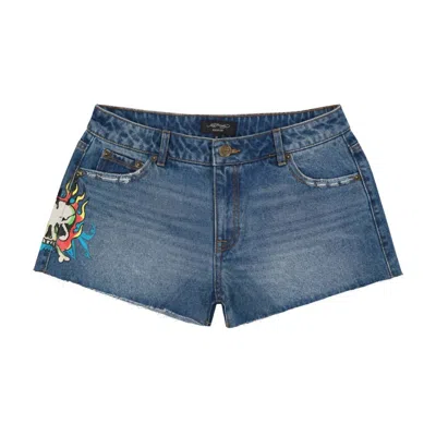 Ed Hardy Women's Flame Skull Denim Short In Retro Medium In Multi