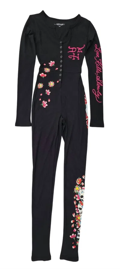 Ed Hardy Women's Flower Skull Long Sleeve Pajama In Black