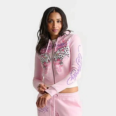 Ed Hardy Women's Leopard Full-zip Fleece Hoodie In Pink