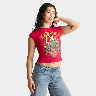 Ed Hardy Women's Leopard Panther Cap Sleeve Baby T-shirt