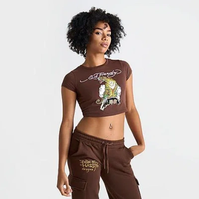 Ed Hardy Women's Rhinestone Tiger Baby T-shirt In Brown