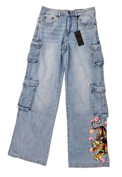 Ed Hardy Women's Tiger Flowers Cargo Jean In Retro Light In Blue