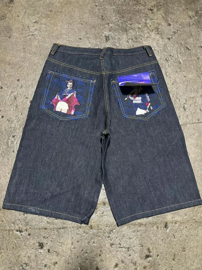 Pre-owned Ed Hardy X Jnco Crazy Vintage Y2k Baggy Jorts Jnco Skater Style Embroidery In Blue