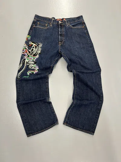 Pre-owned Ed Hardy X Jnco Crazy Vintage Y2k Ed Hardy Baggy Embroidered Jeans Skater In Blue