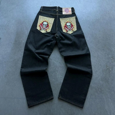 Pre-owned Ed Hardy X Vintage Crazy Vintage Y2k Ed Hardy Baggy Jeans Wide Leg Embroidered In Black