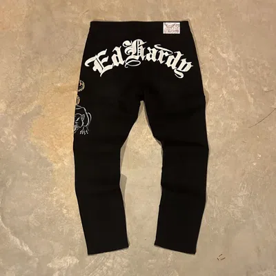 Pre-owned Ed Hardy X Vintage Crazy Vintage Y2k Ed Hardy Spellout Embroidered Jeans Skater In Black