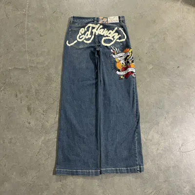 Pre-owned Ed Hardy X Vintage Deadstock Y2k Ed Hardy Embroidered Fire Wide Leg Baggy Jeans
