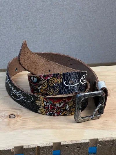 Pre-owned Ed Hardy X Vintage Ed Hardy By Christian Audigier Leather Studded Belt 110 Cm In Black