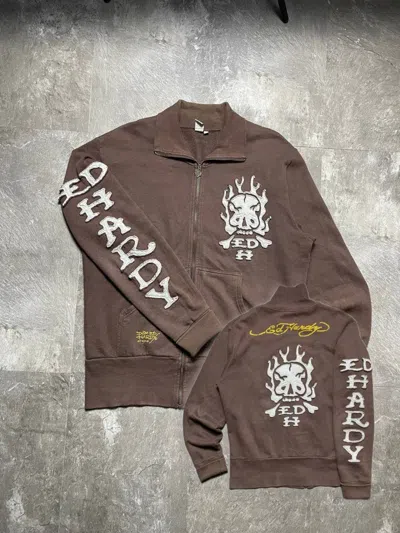 Pre-owned Ed Hardy X Vintage Ed Hardy Christian Audigier Brown Full Zip Hoodie