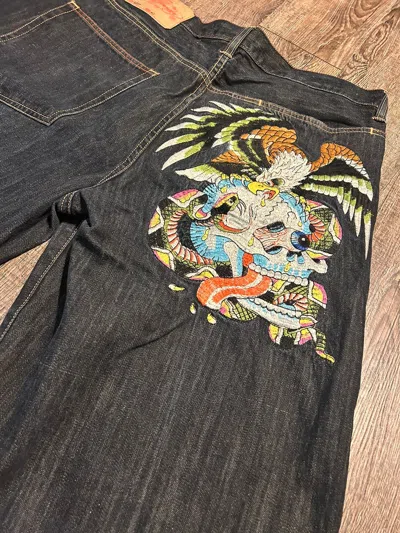 Pre-owned Ed Hardy X Vintage Ed Hardy Embroidered Skull Eagle Denim Short 2007 God Father In Black
