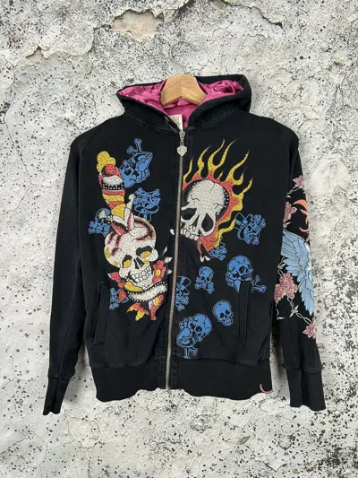 Pre-owned Ed Hardy X Vintage Ed Hardy Grunge Y2k Punk Zip Hoodie Hype In Black