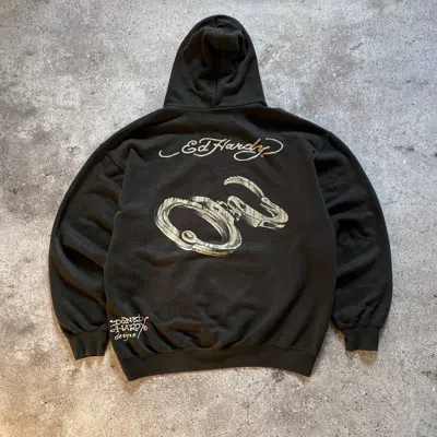 Pre-owned Ed Hardy X Vintage Ed Hardy Handcuffs Hoodie Large In Black