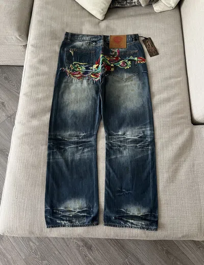 Pre-owned Ed Hardy X Vintage Ed Hardy Jeans By Christian Audigier Pants Dragon In Denim