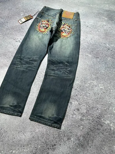 Pre-owned Ed Hardy X Vintage Ed Hardy Jeans Denim Washed Back Logo Y2k Rap Japan In Blue