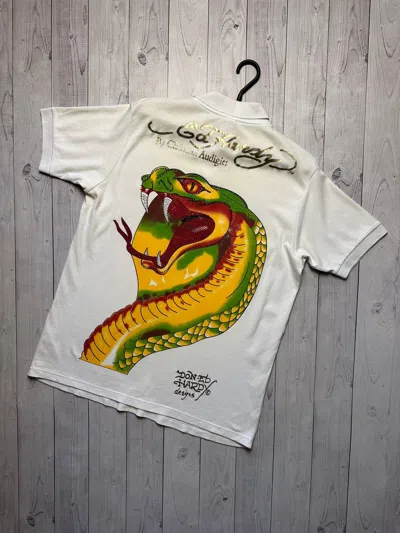 Pre-owned Ed Hardy X Vintage Ed Hardy Polo Tee Size L Logo Snake In White