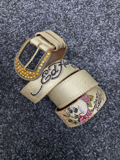 Pre-owned Ed Hardy X Vintage Ed Hardy Scull Y2k Leather Belt 90's In Gold