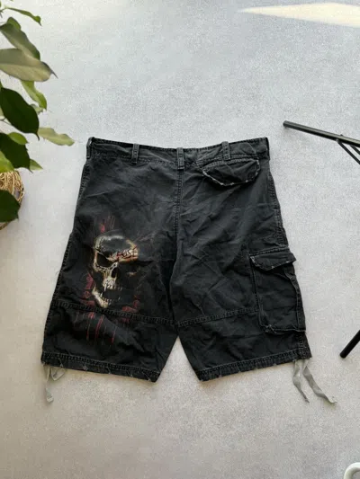 Pre-owned Ed Hardy X Vintage Ed Hardy Stuff Y2k Distressed Faded Shorts In Black