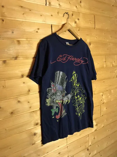 Pre-owned Ed Hardy X Vintage Ed Hardy Wolf T-shirt In Blue
