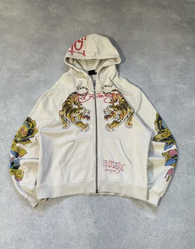 Pre-owned Ed Hardy X Vintage Ed Hardy Zip Up Hoodie Size L In White
