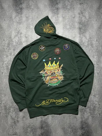 Pre-owned Ed Hardy X Vintage New With Tags Ed Hardy Vintage Zip-hoodie Audigier Big Logo In Green