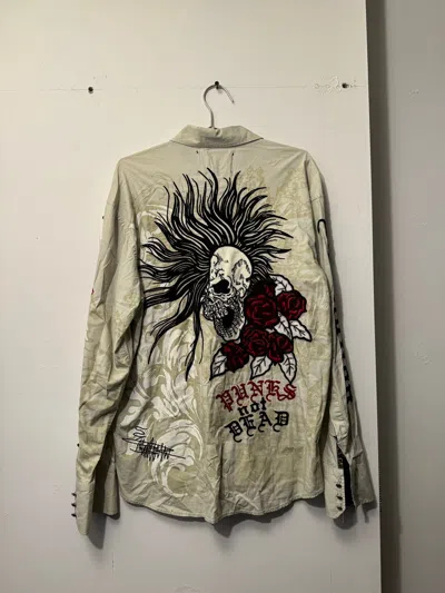 Pre-owned Ed Hardy X Vintage Y2k Crazy Punk Skull Ed Hardy Style Button Shirt Xl In Cream