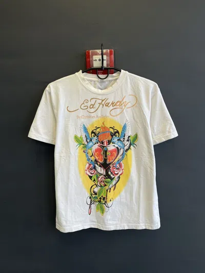 Pre-owned Ed Hardy X Vintage Y2k Ed Hardy Flame Heart Rose Japanese Tatto Tee In White
