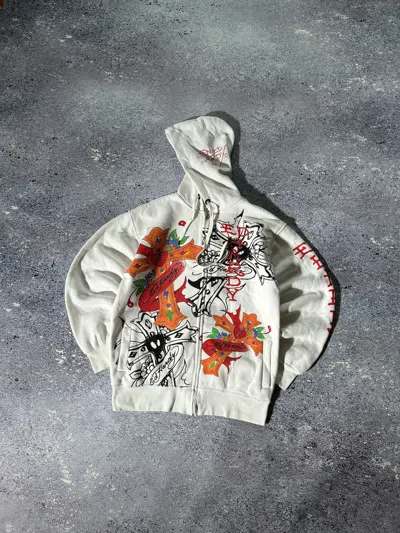 Pre-owned Ed Hardy X Vintage Y2k Ed Hardy Hoodie All Over Cross Printed Retro 00s In White