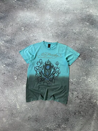 Pre-owned Ed Hardy X Vintage Y2k Ed Hardy T Shirt Skull Rose Flame Logo 00's In Blue