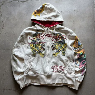 Pre-owned Ed Hardy X Vintage Y2k Ed Hardy Zip Up Hoodie In White