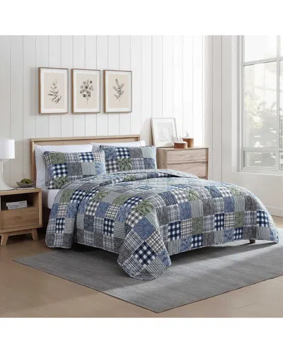 Eddie Bauer 136 Thread Count Cozy Plaid Patchwork Cotton Reversible Quilt Set In Blue