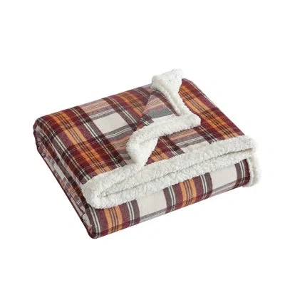 Eddie Bauer Edgewood Plaid Flannel/sherpa Throw Blankets In Red