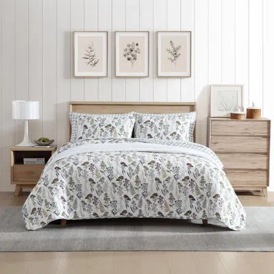 Eddie Bauer Flower Field Cotton Reversible Green Quilt Set In White;green