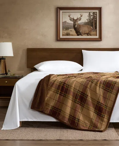 Eddie Bauer Holiday Plaid Printed Sherpa Throw, 70" X 50" In Brown
