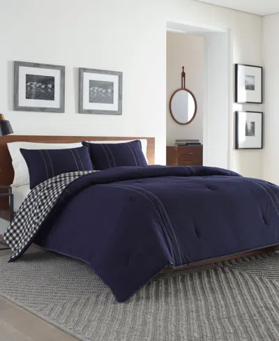Eddie Bauer Kingston Cotton Reversible 3 Piece Duvet Cover Set, Full/queen In Navy
