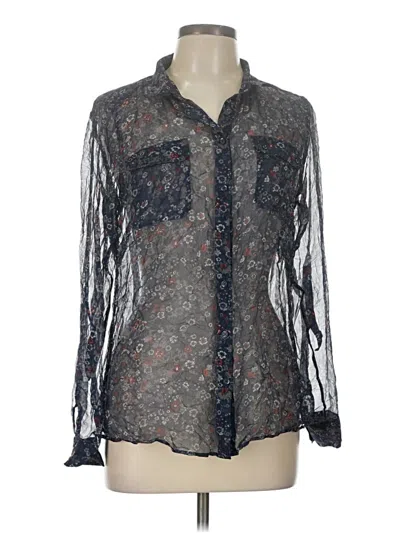 Pre-owned Eddie Bauer Long Sleeve Silk Top Gray Floral Pattern Mock Neckline Tops