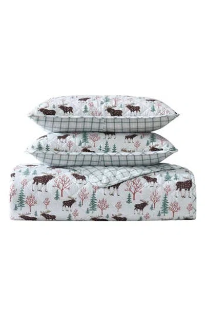 Eddie Bauer Mountain Moose Cotton Flannel Twin Quilt & Sham Set In Light Pastel Grey