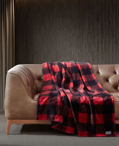 Eddie Bauer Plaid Faux Fur Throw, 50" X 60" In Cabin Plaid Red,black