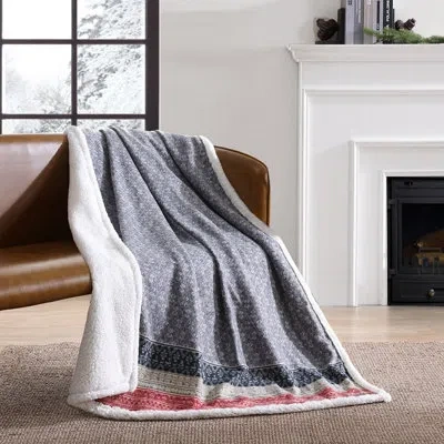 Eddie Bauer Printed Plush Fleece/sherpa Oversized Throw Blanket In Fair Isle Gray