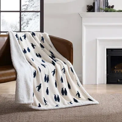 Eddie Bauer Printed Plush Fleece/sherpa Throw Blankets In Emporer Penguin Navy