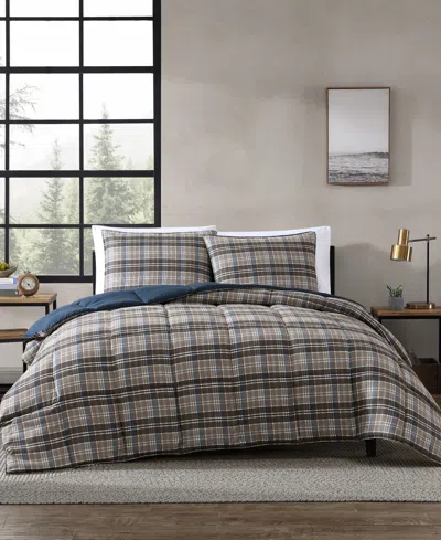 Eddie Bauer Rugged Plaid Micro Suede Reversible 3 Piece Duvet Cover Set, Full/queen In Beige Brown