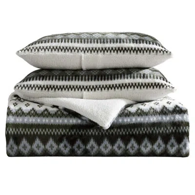 Eddie Bauer Shelton Fair Isle Plush Reversible Comforter Set In Green Geometric