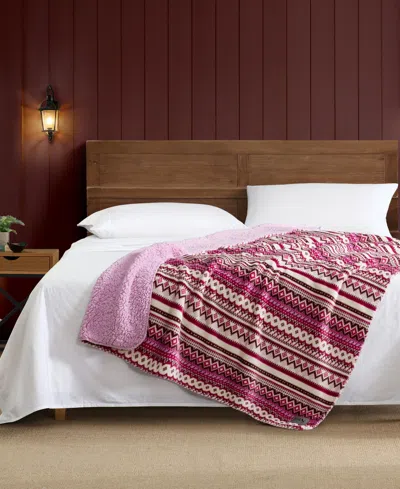 Eddie Bauer Shelton Fair Isle Printed Plush Throw, 70" X 50" In Pink
