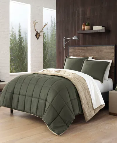 Eddie Bauer Sherwood Reversible Micro-suede Sherpa Comforter Set, King In Dark Green